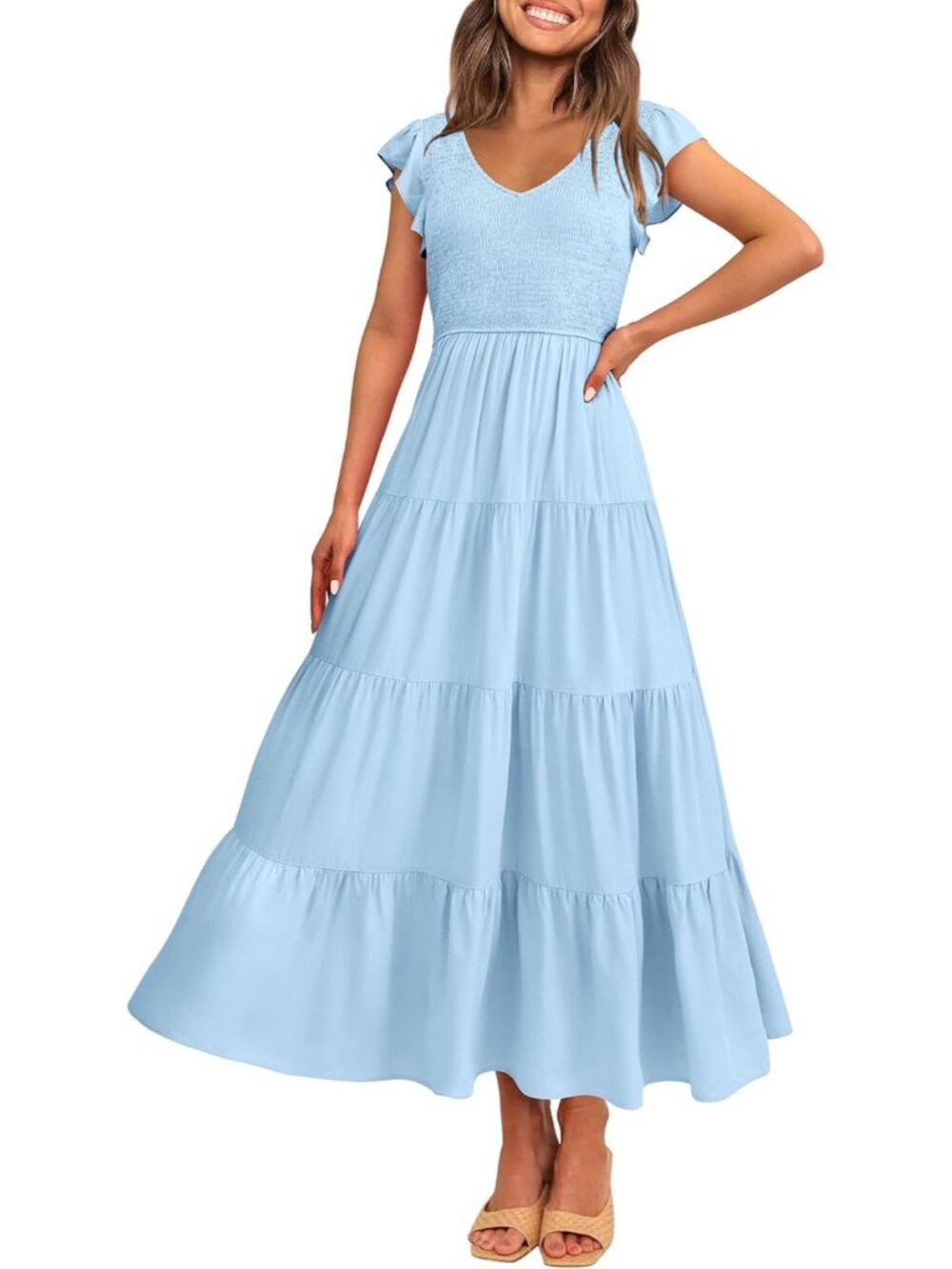 Women's Light Blue Summer Maxi Dress Casual Cap Sleeve V Neck Smocked Beach - Picture 1 of 6